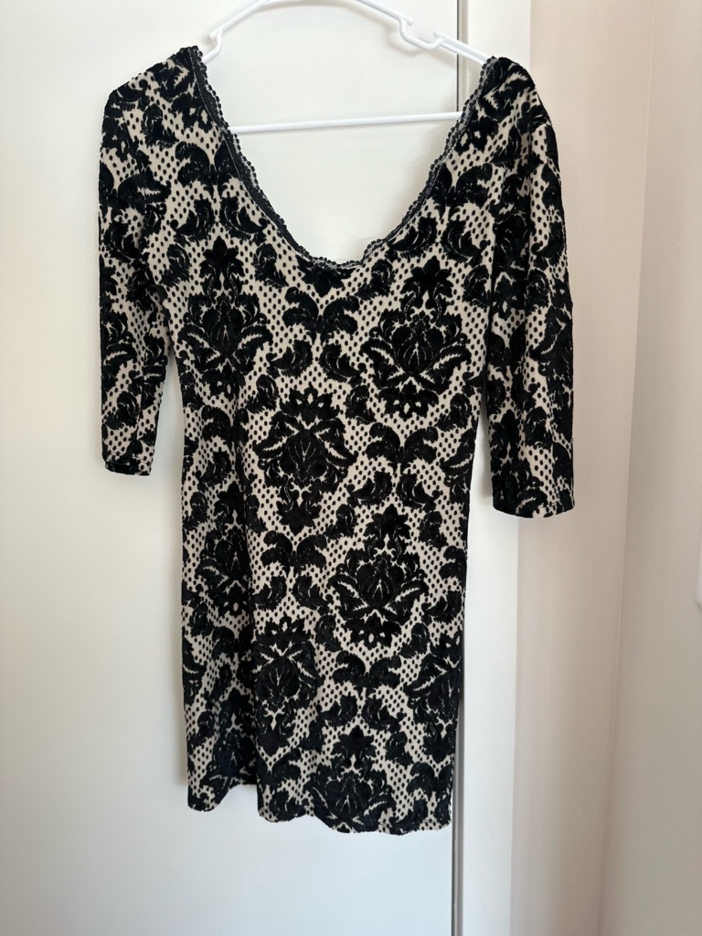 Free People Black & Cream Lace-Trim Damask Tank